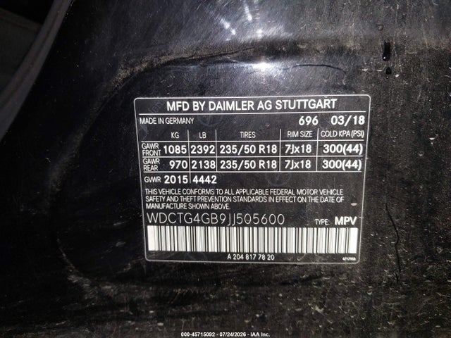 Aukcja sprzedaży 2018 Mercedes-benz Gla 250 4matic, vin: WDCTG4GB9JJ505600, numer aukcji: 45715092