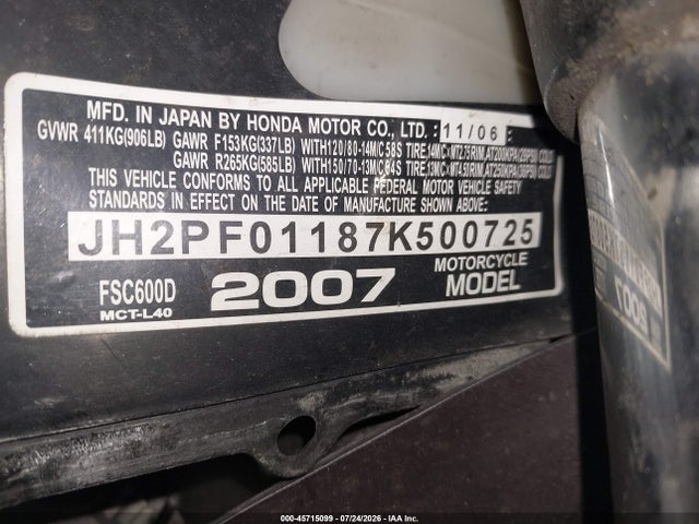 45715099 :رقم المزاد ، JH2PF01187K500725 vin ، 2007 Honda Fsc600 D مزاد بيع