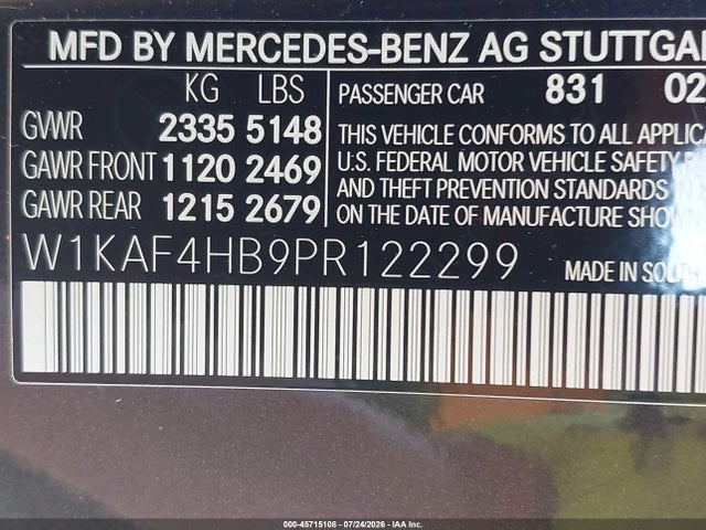 45715108 :رقم المزاد ، W1KAF4HB9PR122299 vin ، 2023 Mercedes-benz C 300 4matic مزاد بيع