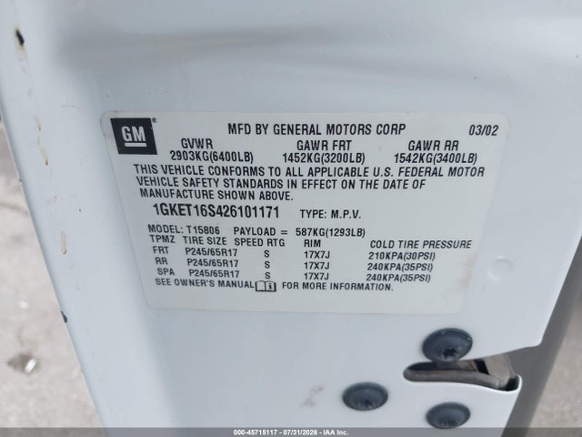 Продажа на аукционе авто 2002 Gmc Envoy Xl Slt, vin: 1GKET16S426101171, номер лота: 45715117