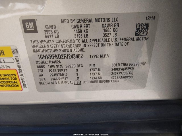 Chevrolet Traverse Ls 2015 1GNKRFKD2FJ243482 Image 9