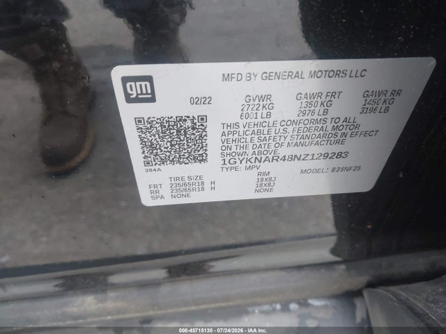 45715130 :رقم المزاد ، 1GYKNAR48NZ129283 vin ، 2022 Cadillac Xt5 Fwd Luxury مزاد بيع