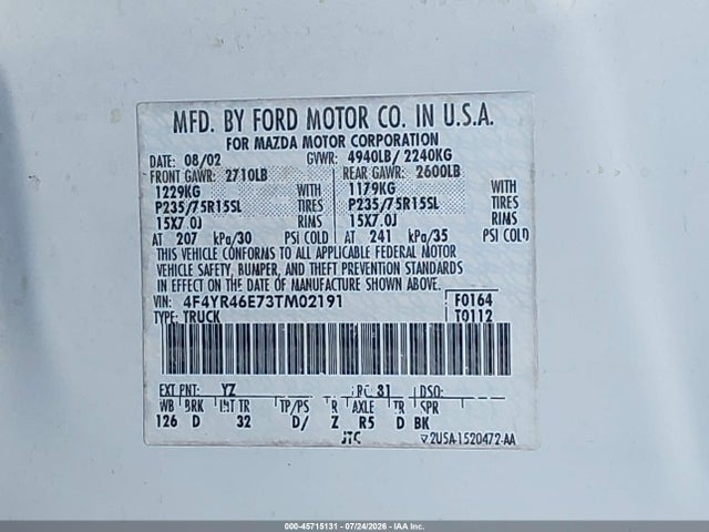 Продаж на аукціоні авто 2003 Mazda B4000 Ds, vin: 4F4YR46E73TM02191, номер лоту: 45715131