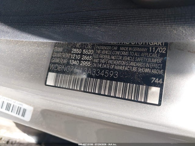 Aukcja sprzedaży 2003 Mercedes-benz S 600, vin: WDBNG76J13A334593, numer aukcji: 45715156