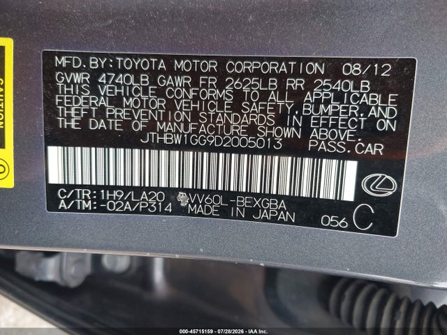 Продаж на аукціоні авто 2013 Lexus Es 300h, vin: JTHBW1GG9D2005013, номер лоту: 45715159
