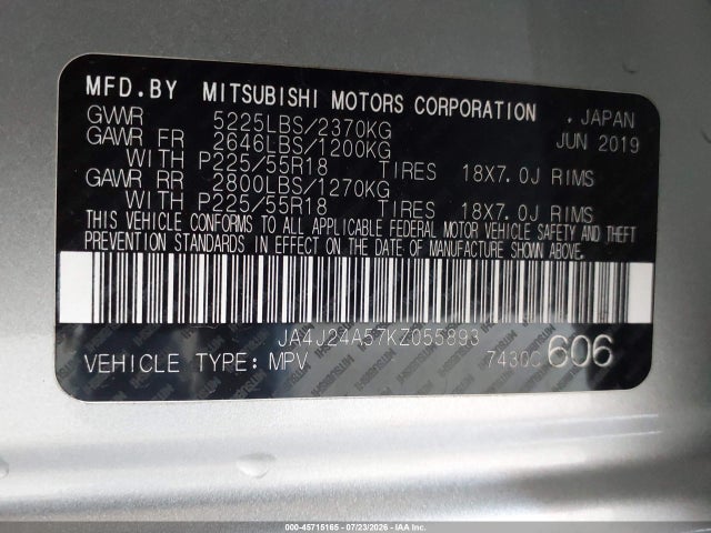 Продаж на аукціоні авто 2019 Mitsubishi Outlander Phev Gt/sel, vin: JA4J24A57KZ055893, номер лоту: 45715165