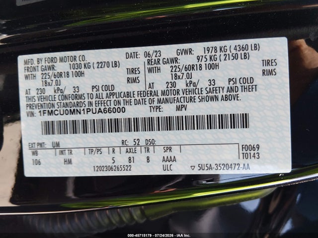 2023 Ford Escape St-line მანქანა იყიდება აუქციონზე, vin: 1FMCU0MN1PUA66000, აუქციონის ნომერი: 45715179