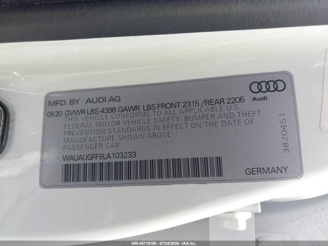 Aukcja sprzedaży 2020 Audi A3 Premium 40 Tfsi Front-wheel Drive S Tronic, vin: WAUAUGFF9LA103233, numer aukcji: 45715189