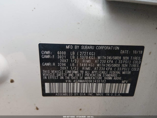 Aukcja sprzedaży 2019 Subaru Ascent Touring, vin: 4S4WMARD9K3430102, numer aukcji: 45715202