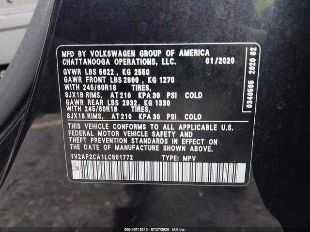2020 Volkswagen Atlas 2.0t S მანქანა იყიდება აუქციონზე, vin: 1V2AP2CA1LC501772, აუქციონის ნომერი: 45715210