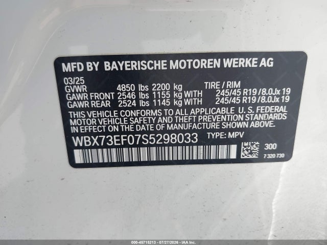 45715213 :رقم المزاد ، WBX73EF07S5298033 vin ، 2025 Bmw X1 Xdrive28i مزاد بيع
