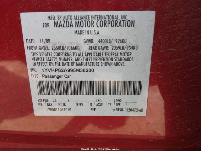 2009 Mazda Mazda6 I Grand Touring მანქანა იყიდება აუქციონზე, vin: 1YVHP82A995M36200, აუქციონის ნომერი: 45715214