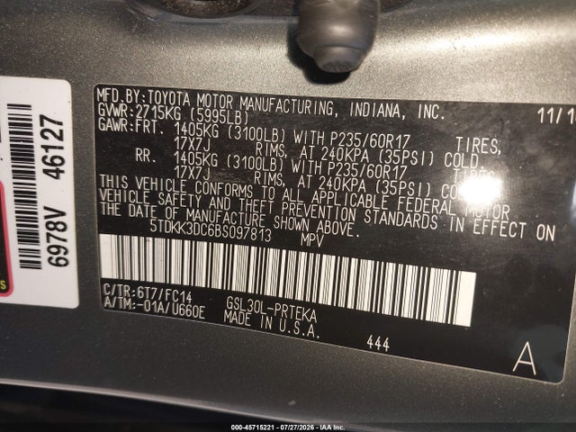 Aukcja sprzedaży 2011 Toyota Sienna Le V6, vin: 5TDKK3DC6BS097813, numer aukcji: 45715221