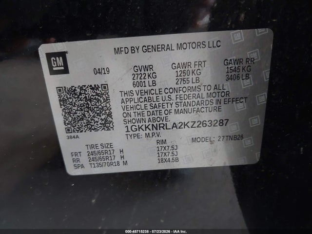 Aukcja sprzedaży 2019 Gmc Acadia Sle-1, vin: 1GKKNRLA2KZ263287, numer aukcji: 45715238