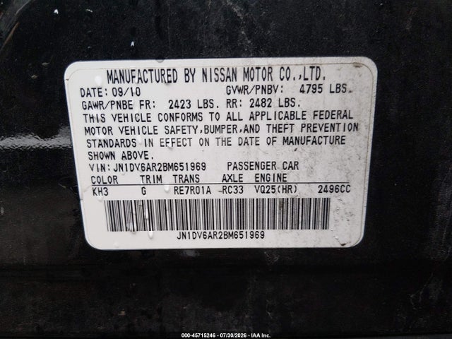 45715246 :رقم المزاد ، JN1DV6AR2BM651969 vin ، 2011 Infiniti G25x مزاد بيع