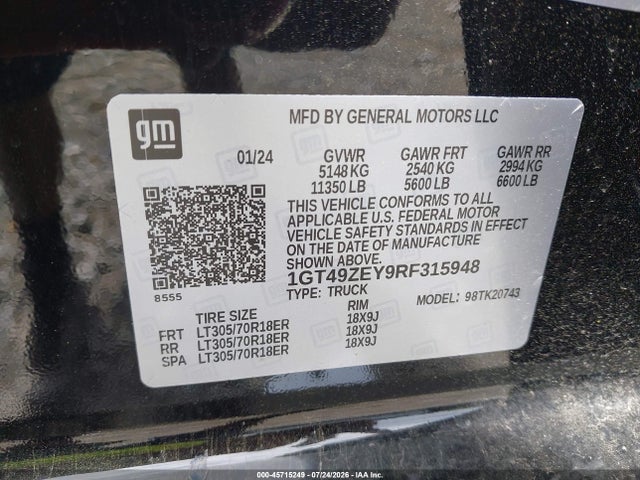 Aukcja sprzedaży 2024 Gmc Sierra 2500hd 4wd  Standard Bed At4x, vin: 1GT49ZEY9RF315948, numer aukcji: 45715249