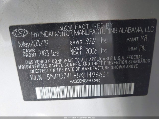 2019 Hyundai Elantra Se მანქანა იყიდება აუქციონზე, vin: 5NPD74LF5KH496634, აუქციონის ნომერი: 45715259