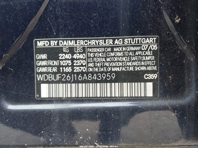 Aukcja sprzedaży 2006 Mercedes-benz E 320 Cdi, vin: WDBUF26J16A843959, numer aukcji: 45715261