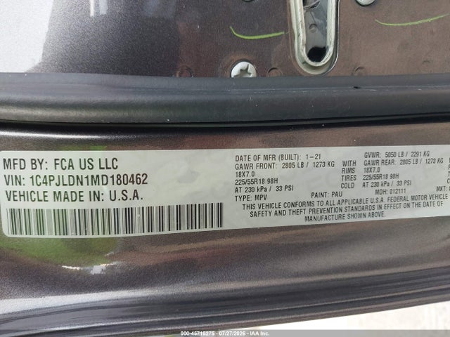 Продажа на аукционе авто 2021 Jeep Cherokee Limited Fwd, vin: 1C4PJLDN1MD180462, номер лота: 45715275