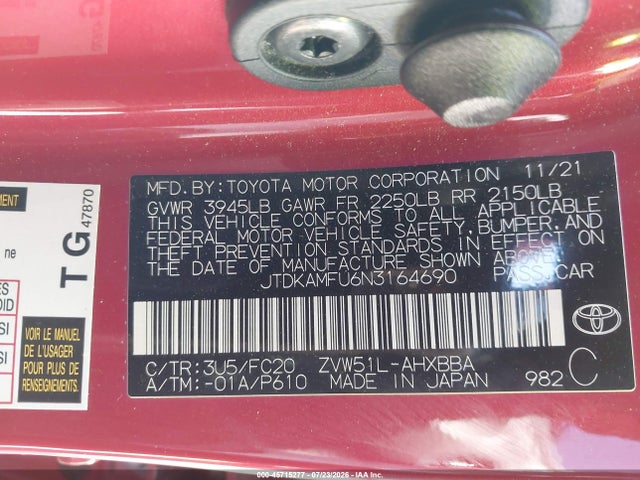 JTDKAMFU6N3164690 Toyota Prius L
