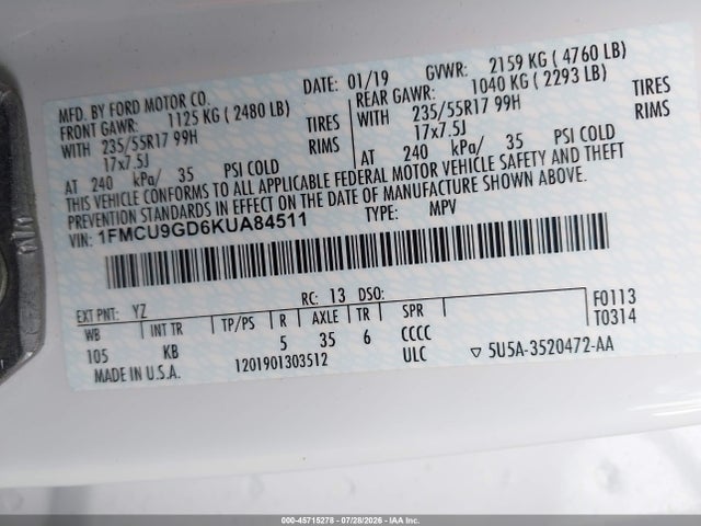 45715278 :رقم المزاد ، 1FMCU9GD6KUA84511 vin ، 2019 Ford Escape Se مزاد بيع