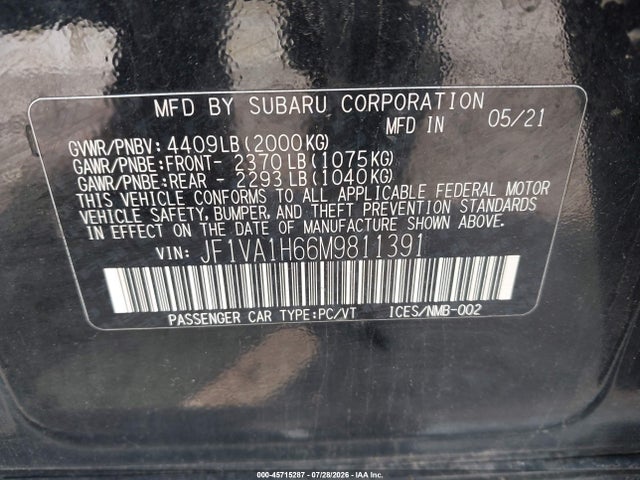 Продажа на аукционе авто 2021 Subaru Wrx Limited, vin: JF1VA1H66M9811391, номер лота: 45715287
