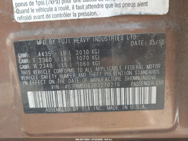 45715304 :رقم المزاد ، 4S3BMBB63B3210216 vin ، 2011 Subaru Legacy 2.5i Premium مزاد بيع