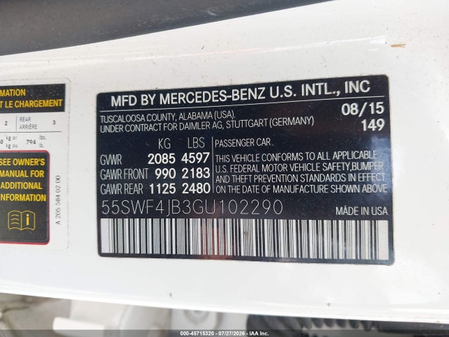 Продаж на аукціоні авто 2016 Mercedes-benz C 300, vin: 55SWF4JB3GU102290, номер лоту: 45715320