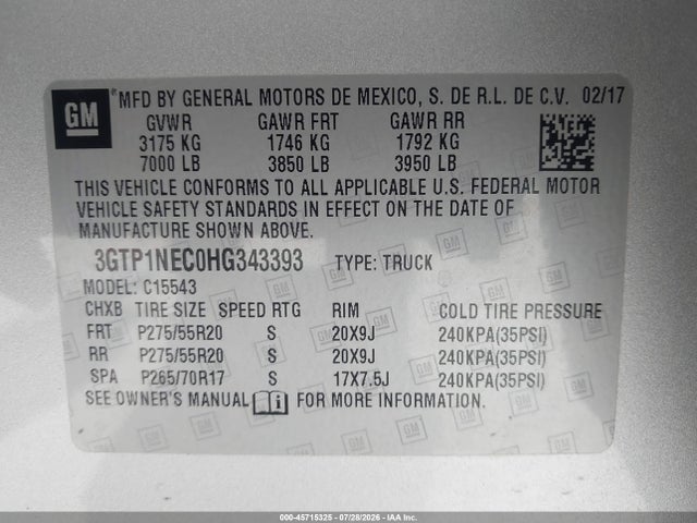 45715325 :رقم المزاد ، 3GTP1NEC0HG343393 vin ، 2017 Gmc Sierra 1500 Slt مزاد بيع