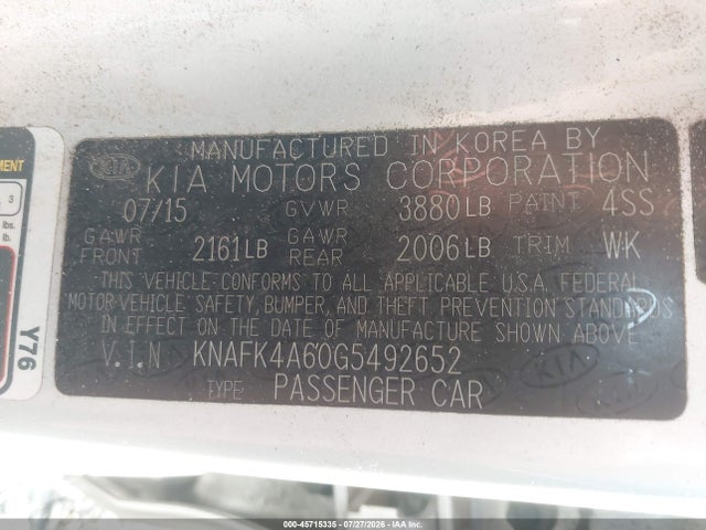 2016 Kia Forte Lx მანქანა იყიდება აუქციონზე, vin: KNAFK4A60G5492652, აუქციონის ნომერი: 45715335