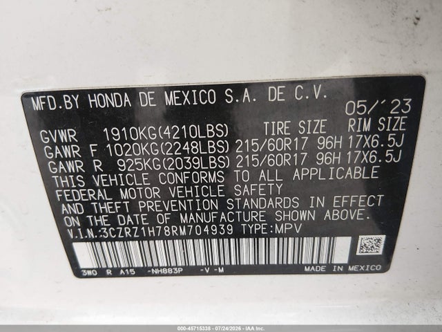 Продажа на аукционе авто 2024 Honda Hr-v 2wd Ex-l/2wd Ex-l W/o Bsi, vin: 3CZRZ1H78RM704939, номер лота: 45715338