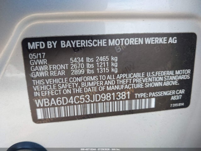 45715344 :رقم المزاد ، WBA6D4C53JD981381 vin ، 2018 Bmw 650i Gran Coupe مزاد بيع