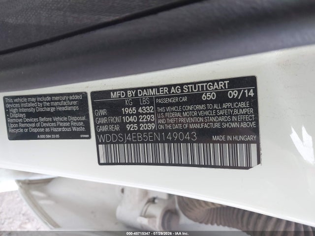45715347 :رقم المزاد ، WDDSJ4EB5EN149043 vin ، 2014 Mercedes-benz Cla 250 مزاد بيع