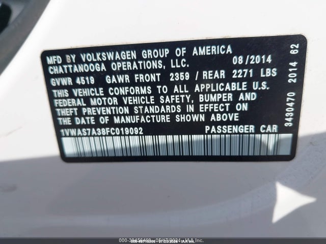 Aukcja sprzedaży 2015 Volkswagen Passat 1.8t Wolfsburg Edition, vin: 1VWAS7A38FC019092, numer aukcji: 45715366