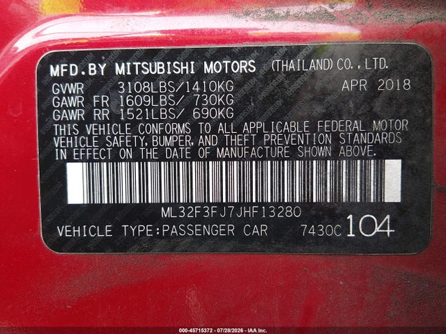 2018 Mitsubishi Mirage G4 Es მანქანა იყიდება აუქციონზე, vin: ML32F3FJ7JHF13280, აუქციონის ნომერი: 45715372