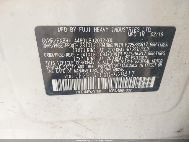 Продажа на аукционе авто 2016 Subaru Forester 2.5i Premium, vin: JF2SJAFCXGH529417, номер лота: 45715378
