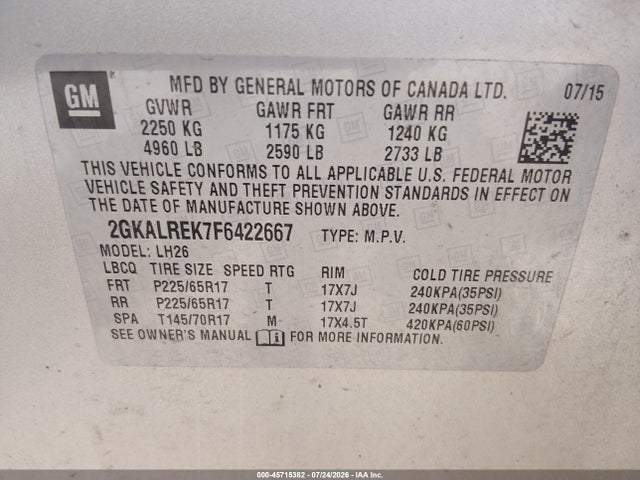Продажа на аукционе авто 2015 Gmc Terrain Sle-2, vin: 2GKALREK7F6422667, номер лота: 45715382
