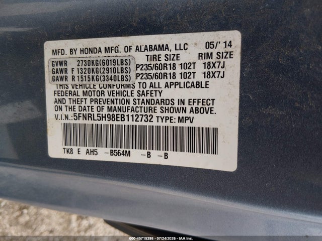 Продаж на аукціоні авто 2014 Honda Odyssey Touring/touring Elite, vin: 5FNRL5H98EB112732, номер лоту: 45715398