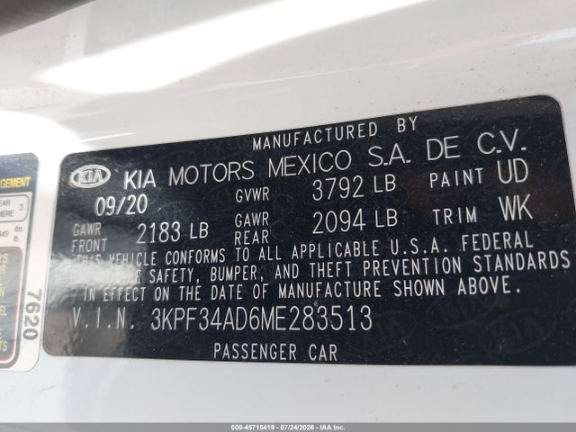 Продажа на аукционе авто 2021 Kia Forte Gt-line, vin: 3KPF34AD6ME283513, номер лота: 45715419