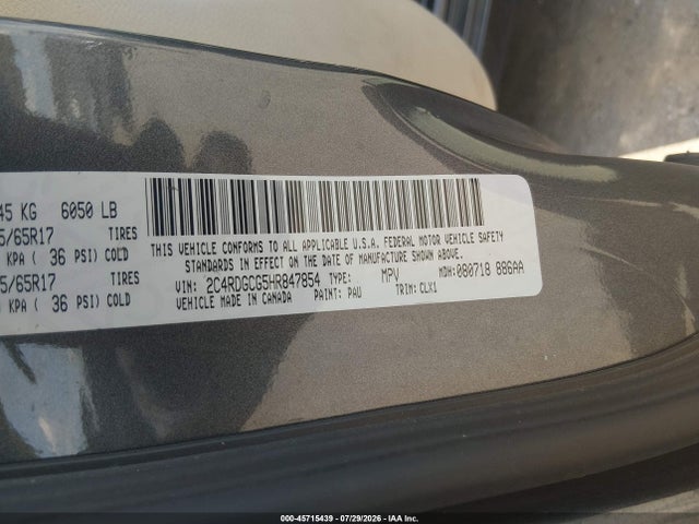 45715439 :رقم المزاد ، 2C4RDGCG5HR847854 vin ، 2017 Dodge Grand Caravan Sxt مزاد بيع
