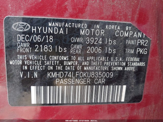 KMHD74LF0KU835009 Hyundai ELANTRA SE
