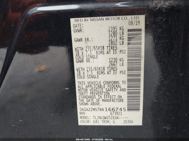 Nissan MURANO SV 2019 5N1AZ2MS7KN166745 Image 9