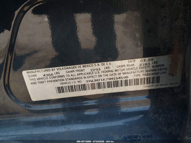 45715469 :رقم المزاد ، 3VWJM71K79M154598 vin ، 2009 Volkswagen Jetta S مزاد بيع