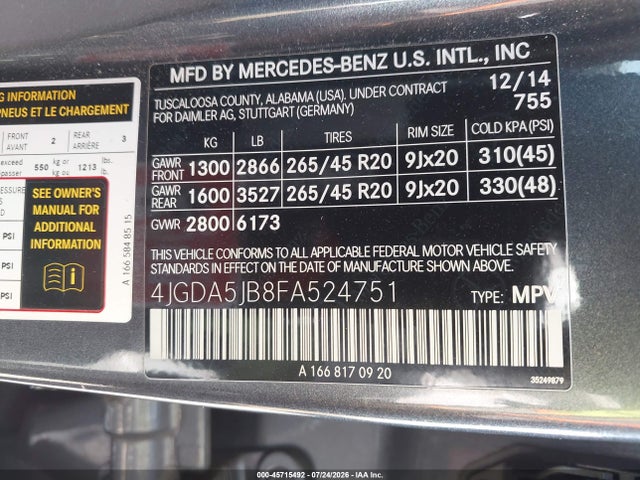 Aukcja sprzedaży 2015 Mercedes-benz Ml 350, vin: 4JGDA5JB8FA524751, numer aukcji: 45715492