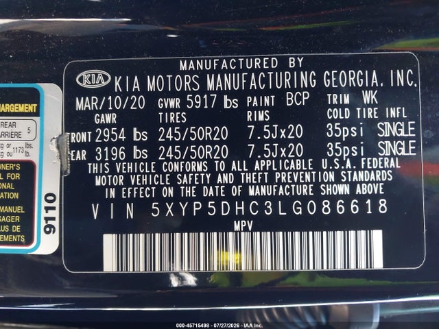 Auction sale of the 2020 Kia Telluride Sx, vin: 5XYP5DHC3LG086618, lot number: 45715498