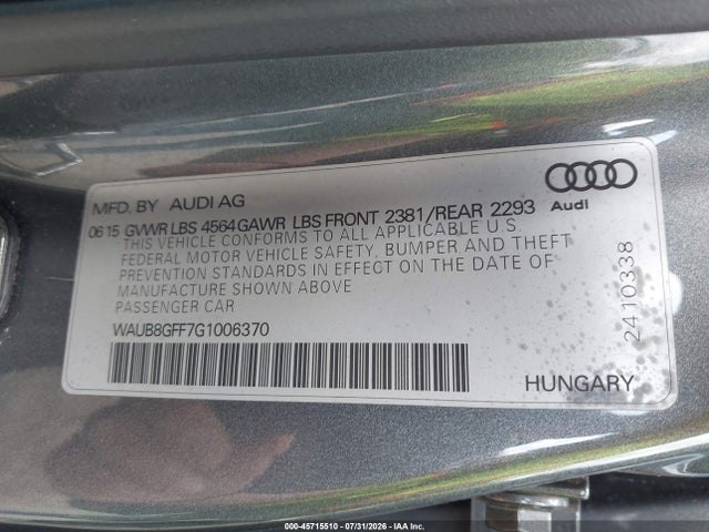 45715510 :رقم المزاد ، WAUB8GFF7G1006370 vin ، 2016 Audi A3 2.0t Premium مزاد بيع