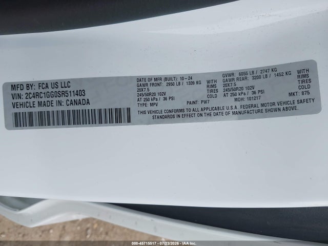 Auction sale of the 2025 Chrysler Pacifica Limited, vin: 2C4RC1GG0SR511403, lot number: 45715517