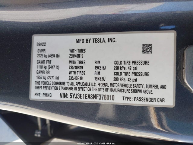 Tesla Model 3 Rear-wheel Drive 2022 5YJ3E1EA8NF376010 Image 9
