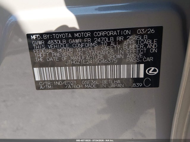 Aukcja sprzedaży 2026 Lexus Is 350 F Sport, vin: JTHGZ1E24T5046375, numer aukcji: 45715525