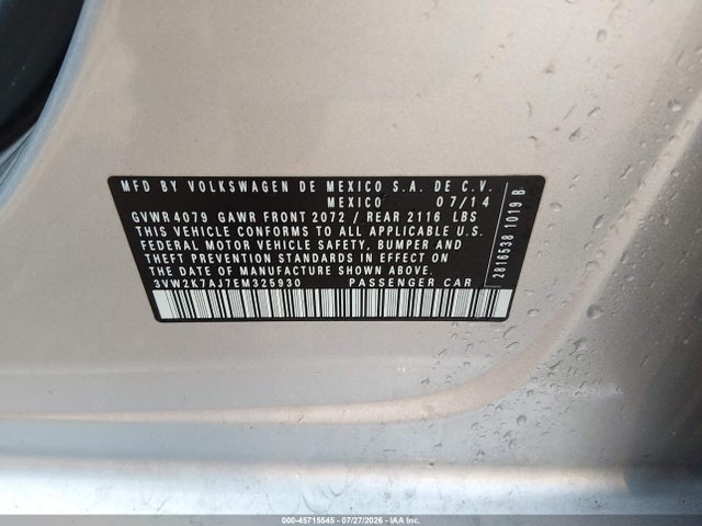 45715545 :رقم المزاد ، 3VW2K7AJ7EM325930 vin ، 2014 Volkswagen Jetta 2.0l S مزاد بيع